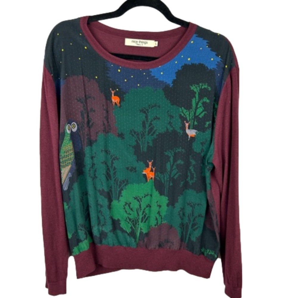 Women's Forest Print Sweater - Burgundy and Green